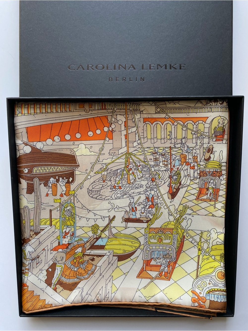 NEW Carolina Lemke Azure Celestial Cathedral Silk Scarf Equestrian Motif